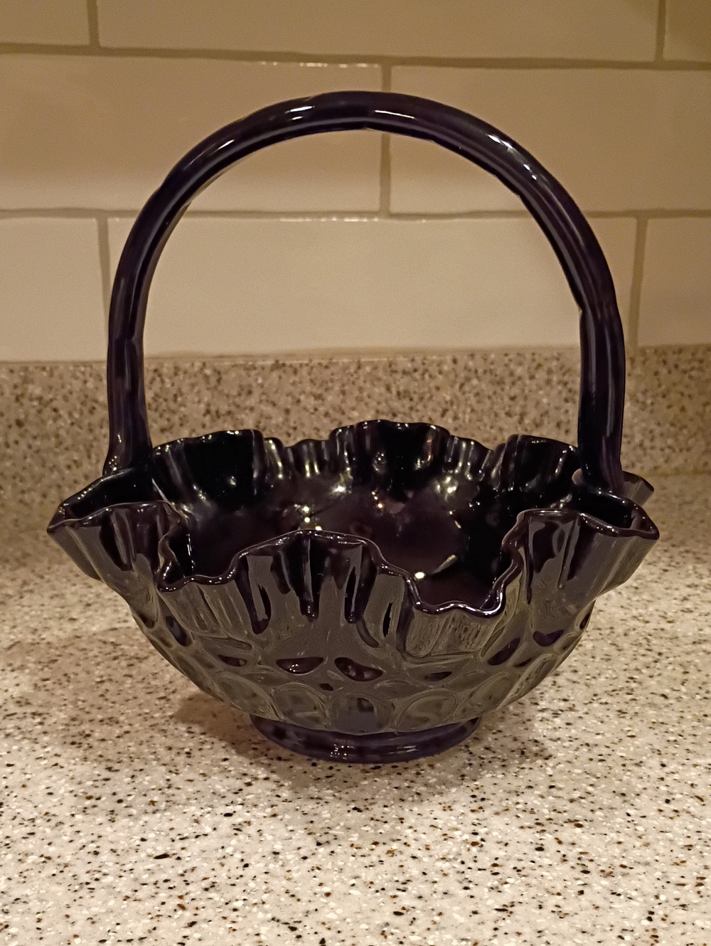 Vintage Fenton Glass Black Amethyst Ruffle Edge Thumbprint Basket